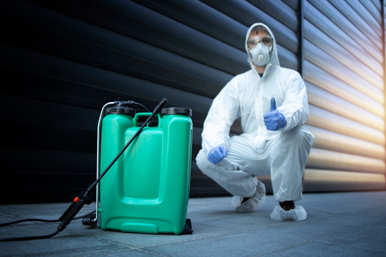 exterminator white protective uniform standing by reservoir with chemicals sprayer