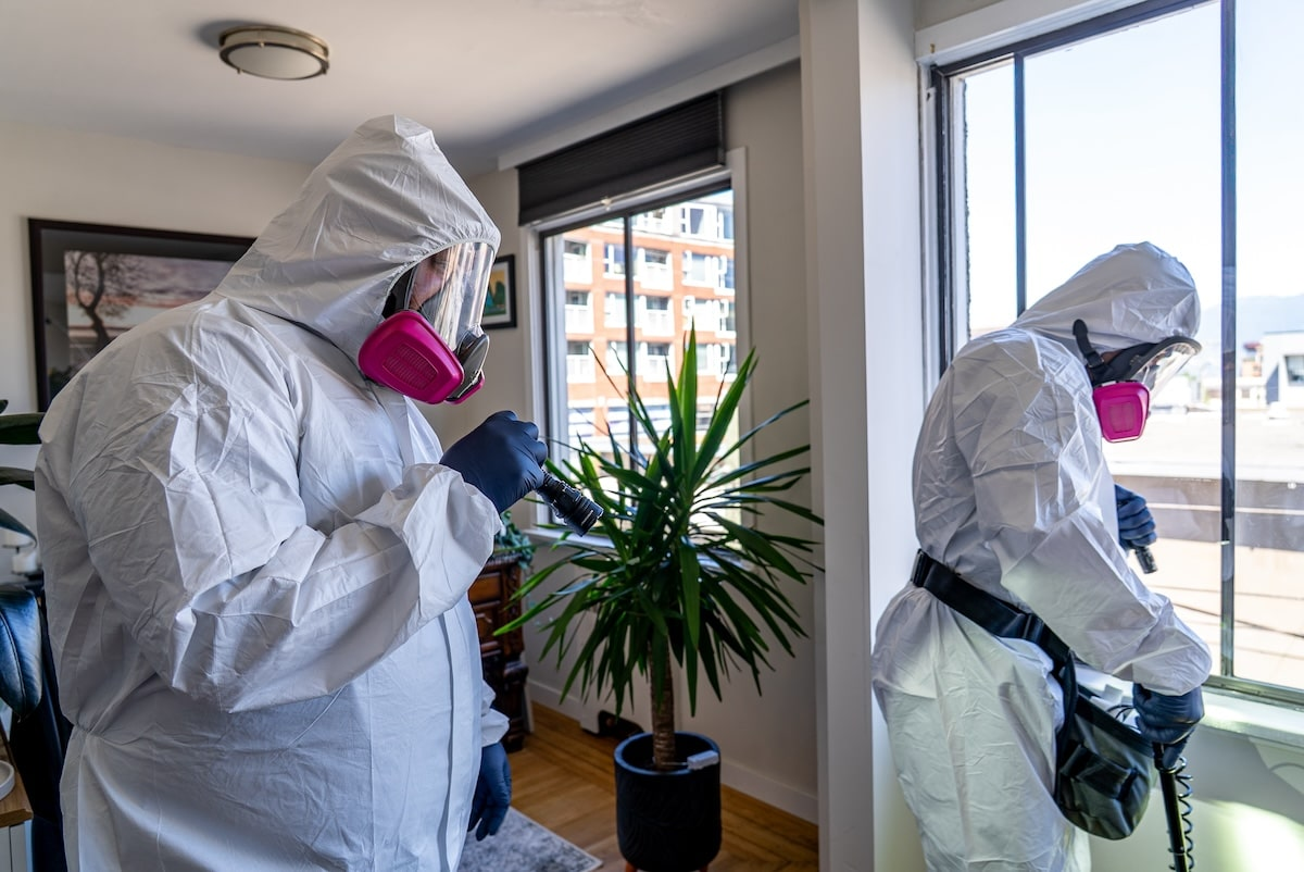 Two Phantom Pest Control technicians inspecting a condo living room with a flashlight