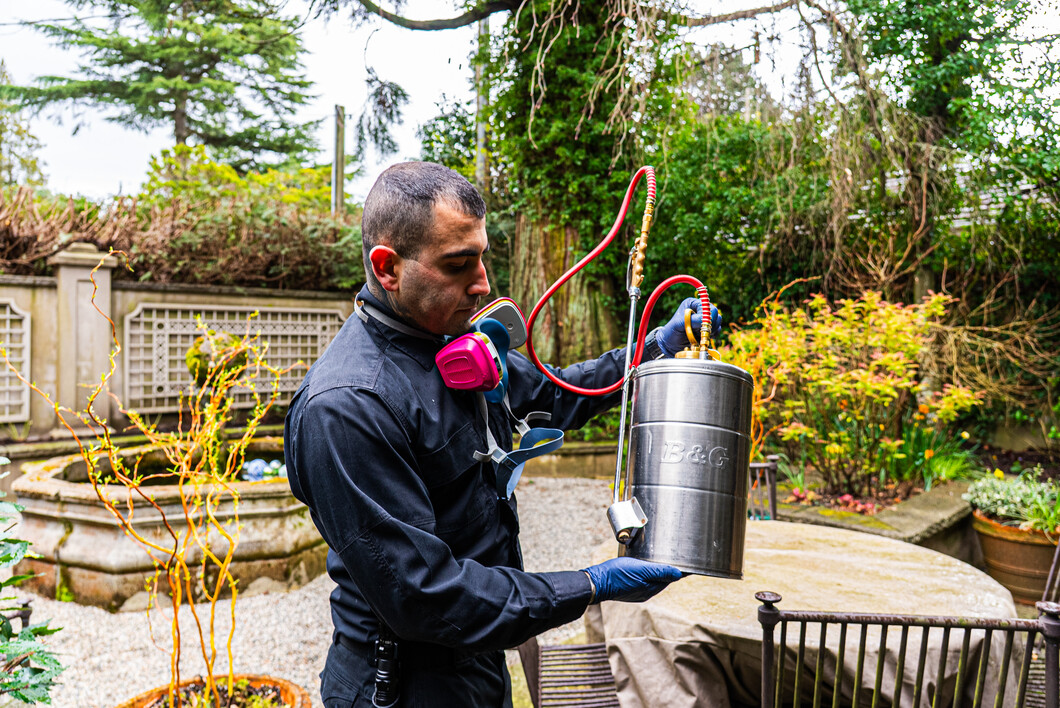 Phantom Pest Control technician preparing a hand sprayer in a garden courtyard