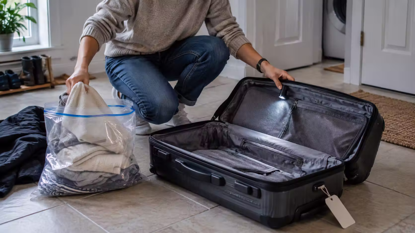 Traveller inspecting suitcase seams to prevent bringing bed bugs home