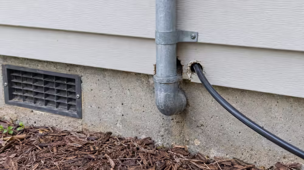 Small gap around a utility pipe and cable where it enters an exterior wall, a common mouse entry point
