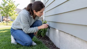 Homeowner inspecting the exterior foundation of a house with a flashlight to prevent mice from entering the home