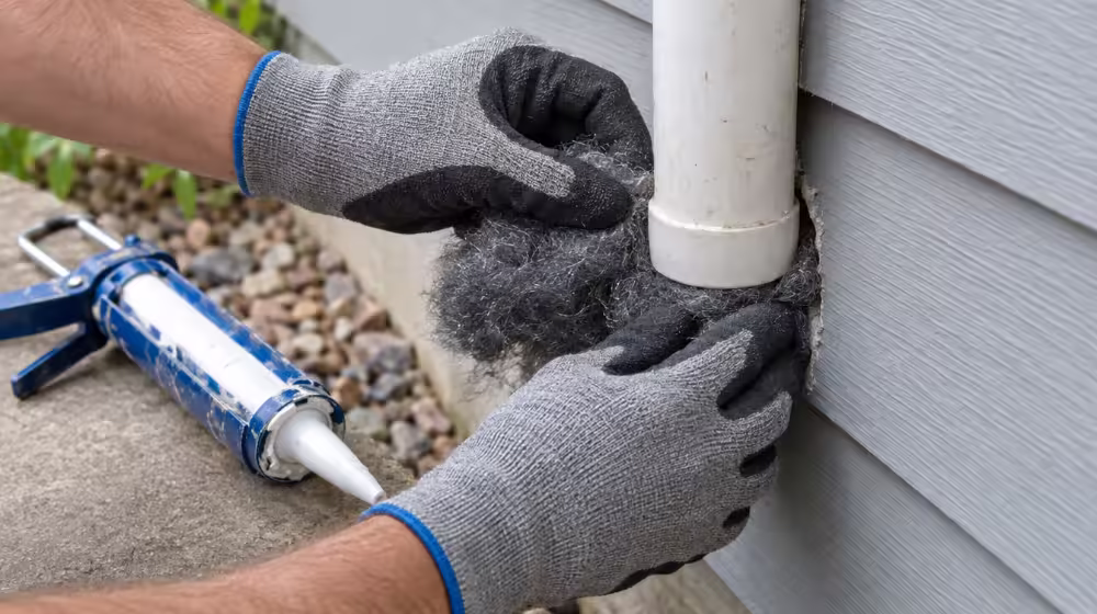 Gloved hands packing steel wool into a gap around a pipe to seal a mouse entry point